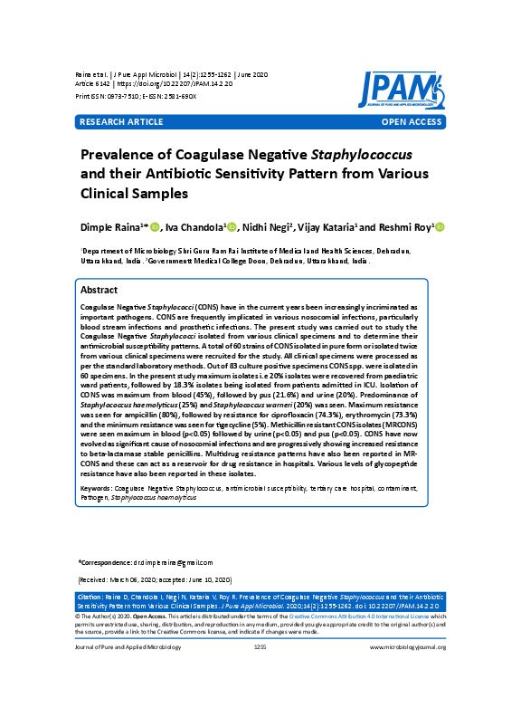 (PDF) Prevalence of Coagulase Negative Staphylococcus and their ...