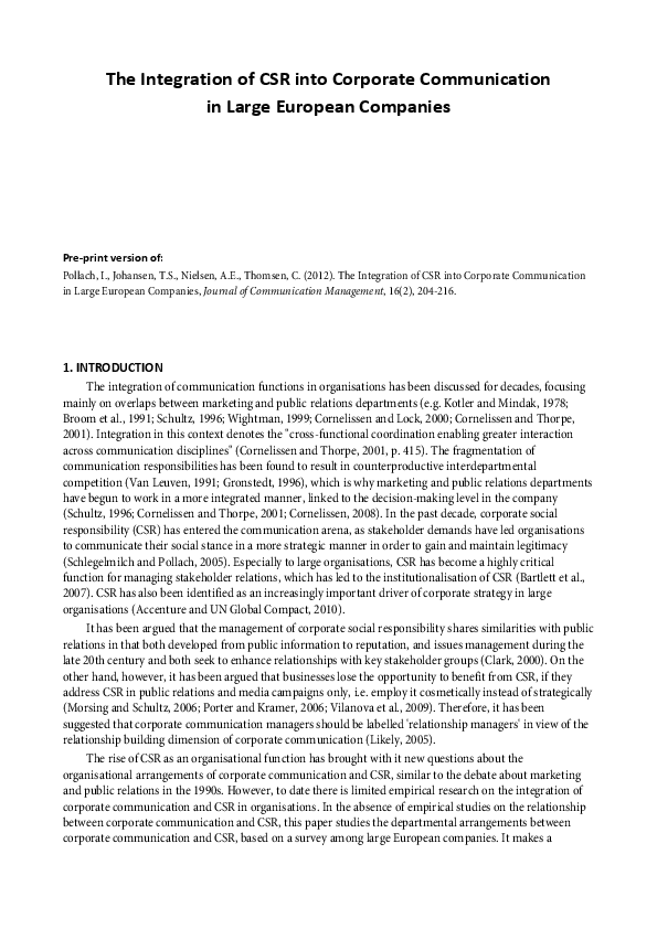 (PDF) The integration of CSR into corporate communication in large ...