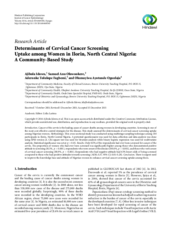 (PDF) Determinants of Cervical Cancer Screening Uptake among Women in ...