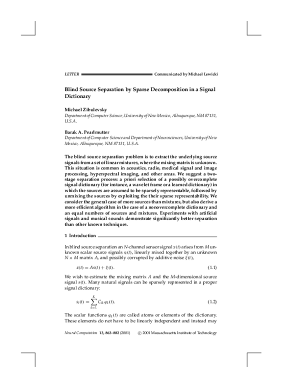 (PDF) Blind Source Separation by Sparse Decomposition in a Signal ...