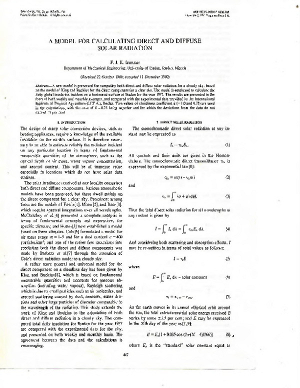 (PDF) A MODEL FOR CALCULATING DIRECT AND DIFFUSE SOLAR RADIATION