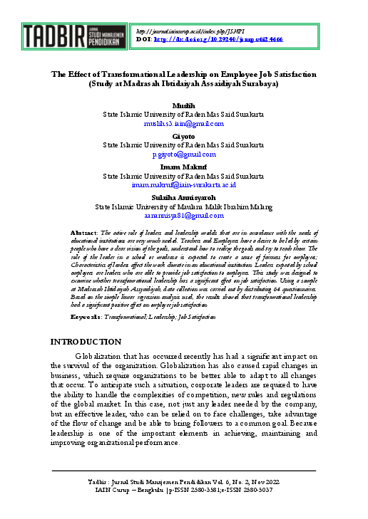 (PDF) The Effect of Transformational Leadership on Employee Job ...