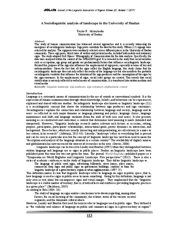 (PDF) A Sociolinguistic analysis of landscape in the University of Ibadan