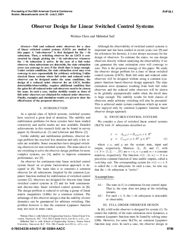 (PDF) Observer design for linear switched control systems