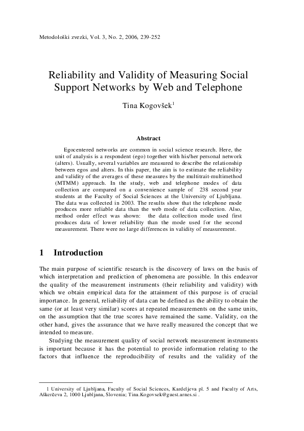 (PDF) Reliability and validity of measuring social support networks by ...