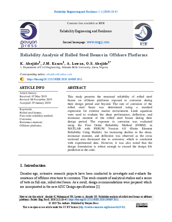 (PDF) Reliability Analysis of Rolled Steel Beams in Offshore Platforms