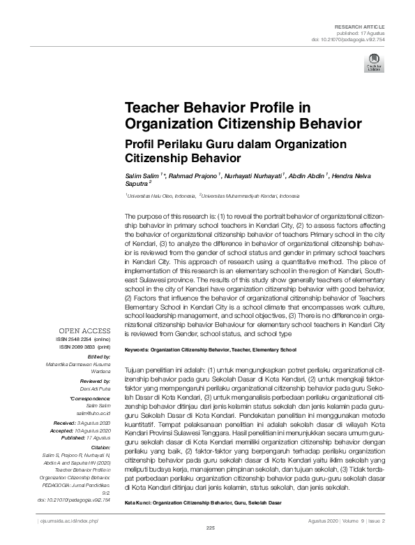 (PDF) Teacher Behavior Profile in Organization Citizenship Behavior