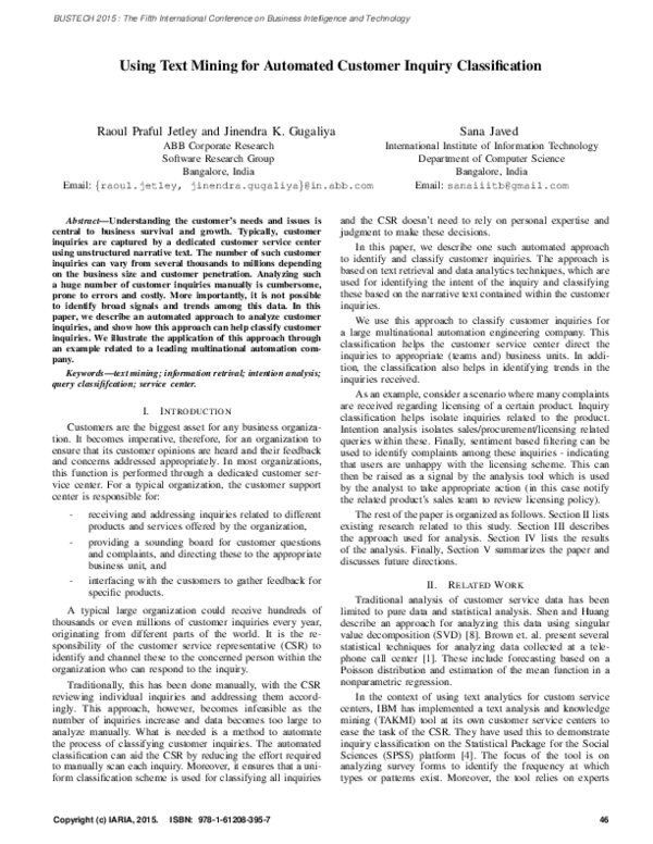 (PDF) Using Text Mining for Automated Customer Inquiry Classification