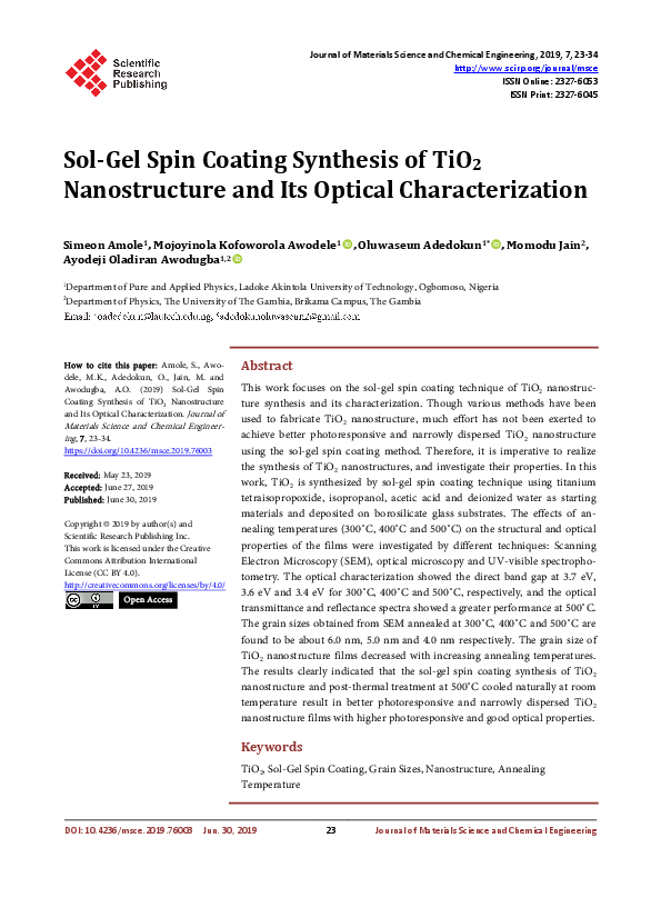 (PDF) Sol-Gel Spin Coating Synthesis of TiO2 Nanostructure and Its ...
