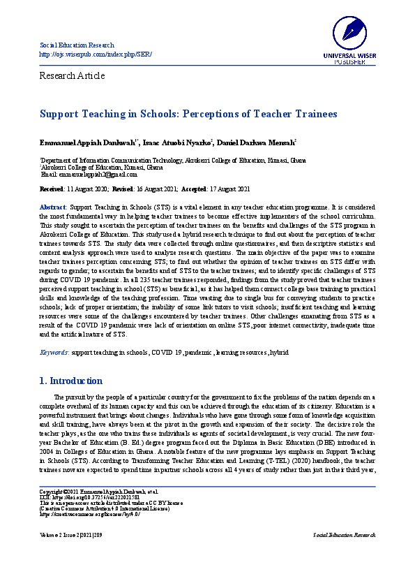 (PDF) Support Teaching in Schools: Perceptions of Teacher Trainees