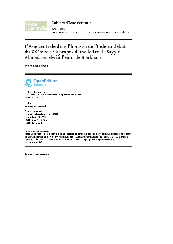 (PDF) L’Asie centrale dans l’horizon de l’Inde au début du XXe siècle — free download
