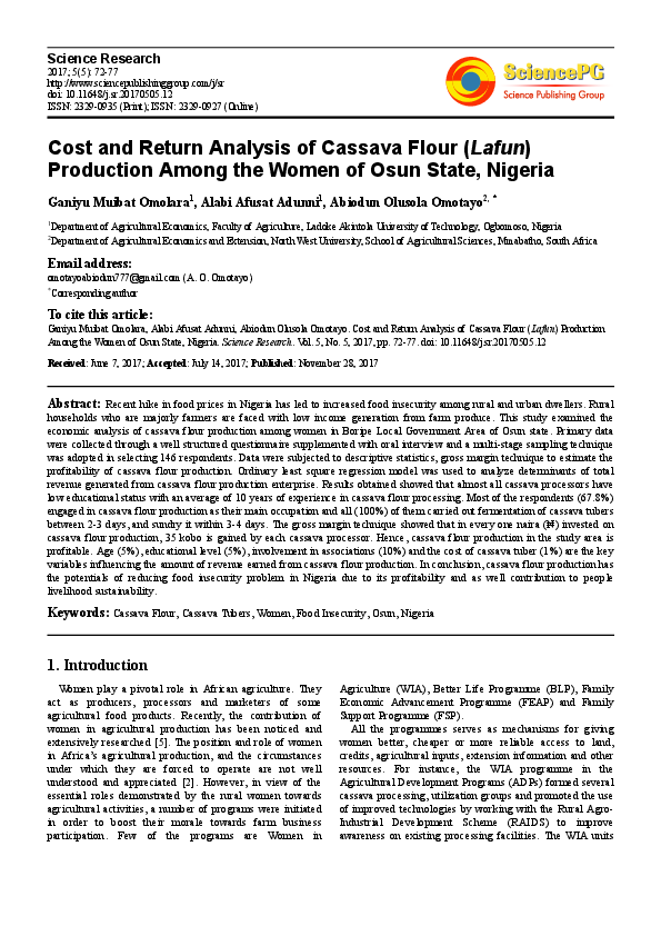 (PDF) Cost and Return Analysis of Cassava Flour ( Lafun ) Production ...