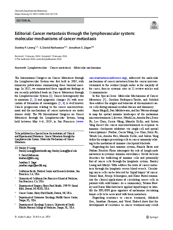 (PDF) Cancer metastasis through the lymphovascular system: molecular ...