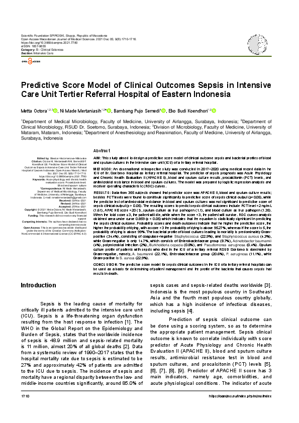 (PDF) Predictive Score Model of Clinical Outcomes Sepsis in Intensive ...