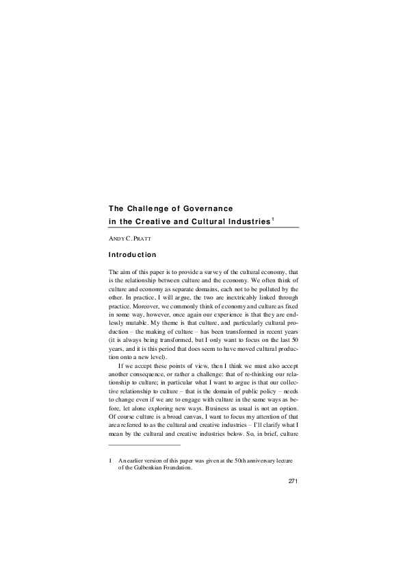 (PDF) The Challenge of Governance in the Creative and Cultural Industries