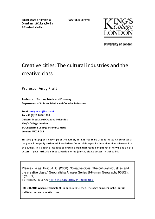 (PDF) Creative cities: the cultural industries and the creative class