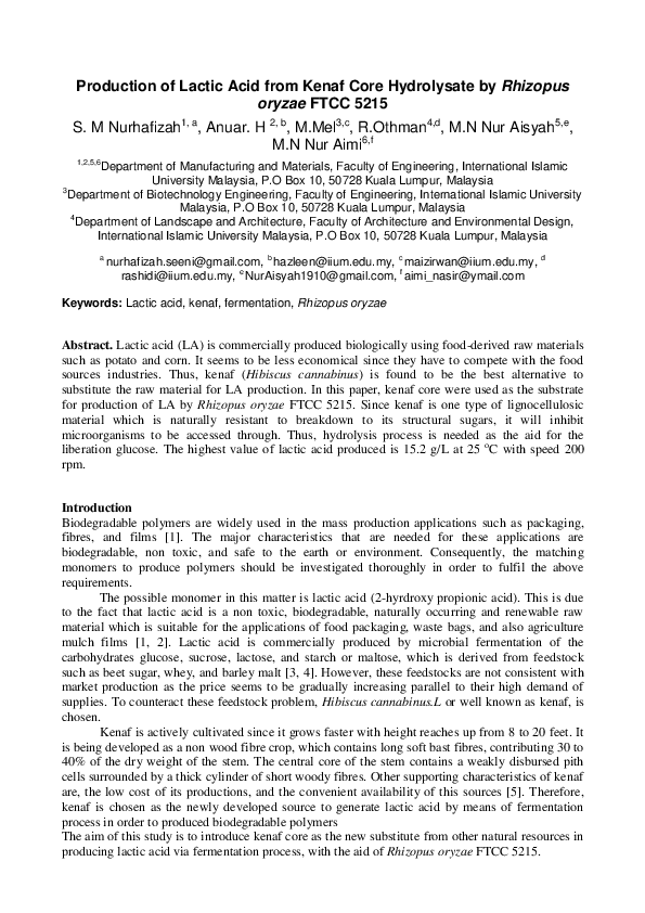(PDF) Production of Lactic Acid from Kenaf Core Hydrolysate by Rhizopus ...