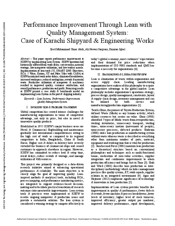 (PDF) Performance Improvement Through Lean with Quality Management ...