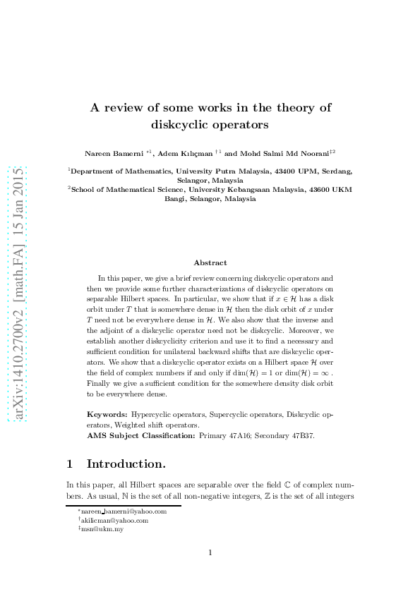 (PDF) A Review of Some Works in the Theory of Diskcyclic Operators
