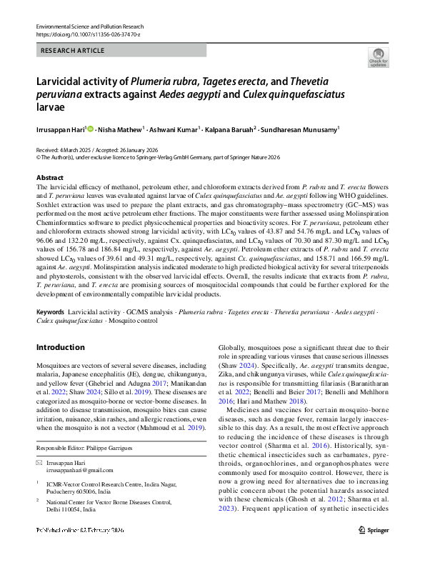 (PDF) Larvicidal activity of Plumeria rubra, Tagetes erecta, and ...