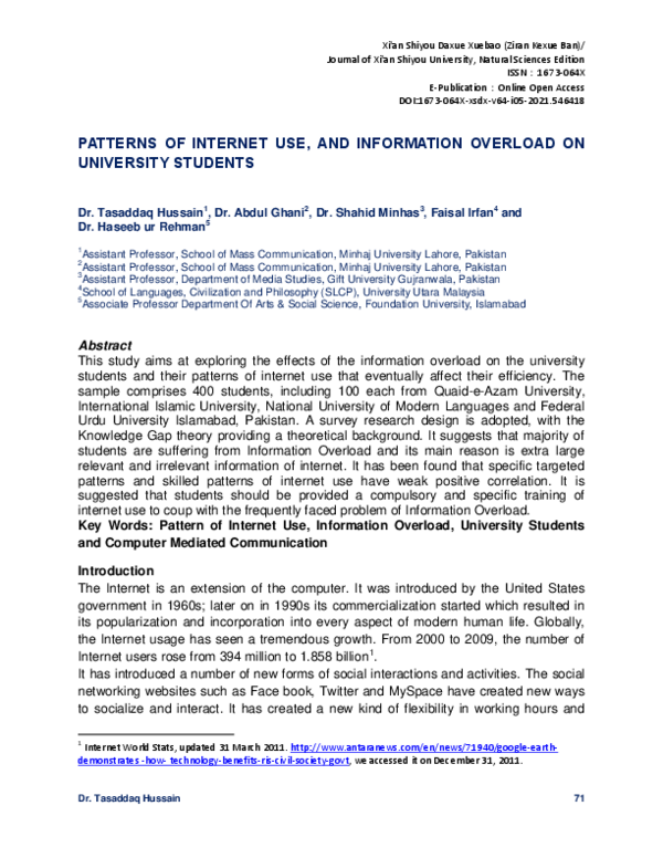 (PDF) PATTERNS OF INTERNET USE, AND INFORMATION OVERLOAD ON UNIVERSITY ...