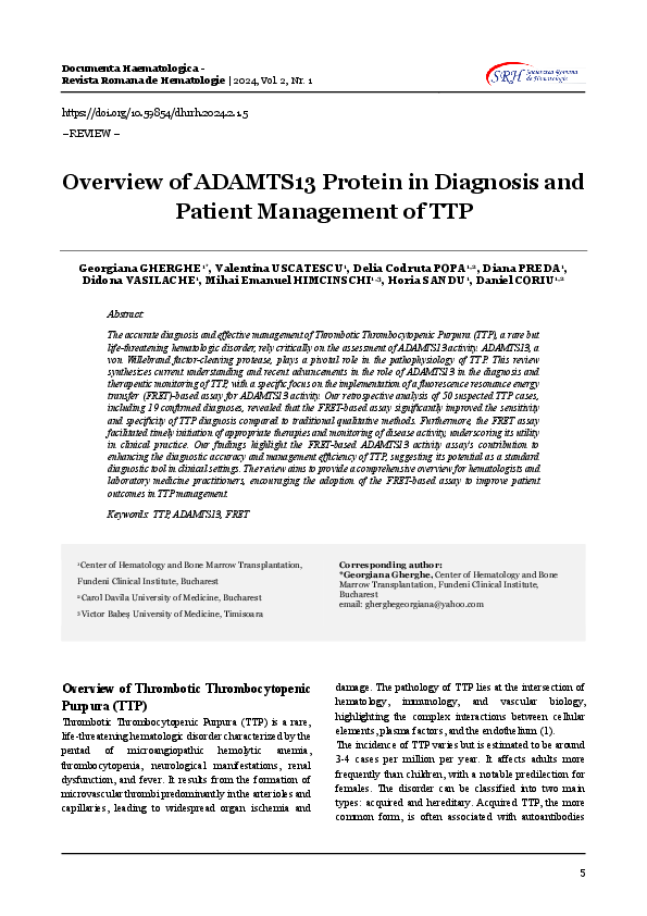 (PDF) Overview of ADAMTS13 Protein in Diagnosis and Patient Management ...