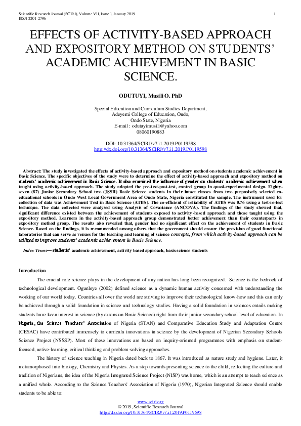 (PDF) Effects of Activity-Based Approach and Expository Method on ...