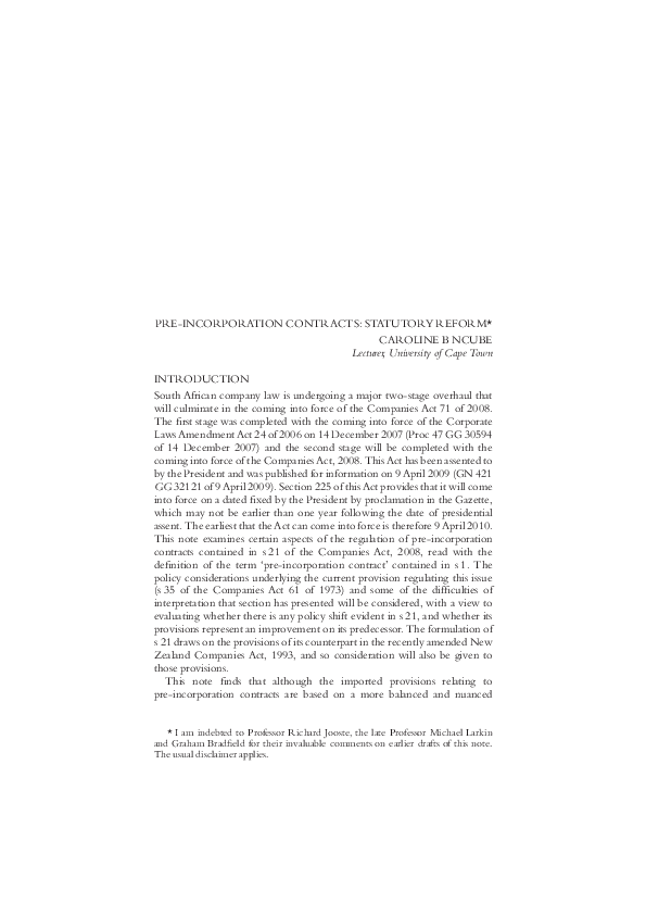 (PDF) Pre-incorporation contracts : statutory reform : notes