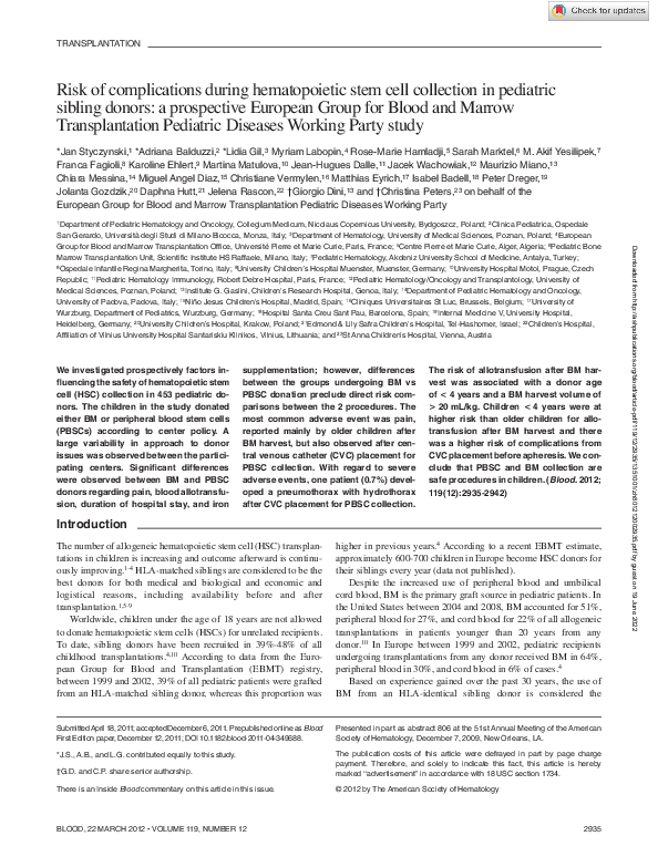(PDF) Risk of complications during hematopoietic stem cell collection ...