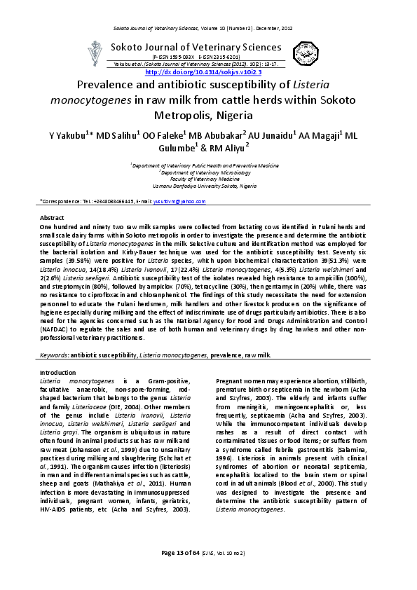 (PDF) Prevalence and antibiotic susceptibility of Listeria ...
