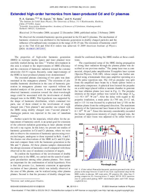 (PDF) Extended high-order harmonics from laser-produced Cd and Cr plasmas