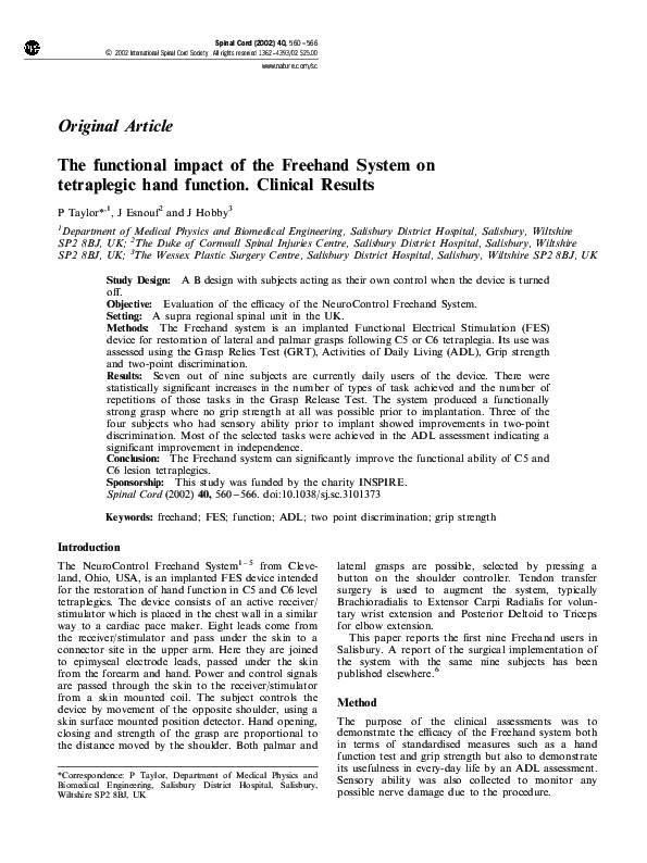 (PDF) The functional impact of the Freehand System on tetraplegic hand ...