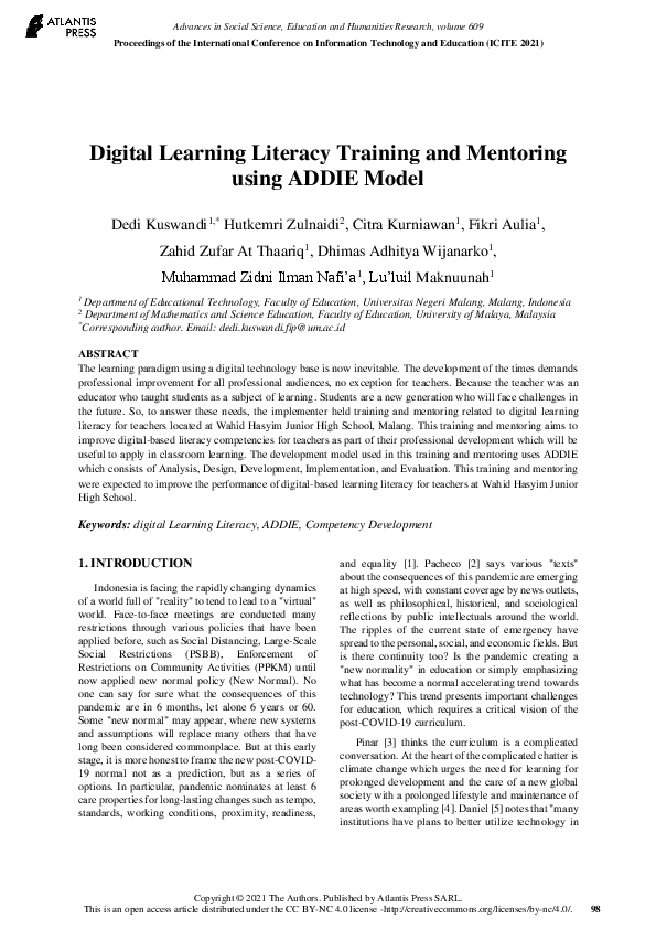 (PDF) Digital Learning Literacy Training and Mentoring using ADDIE Model