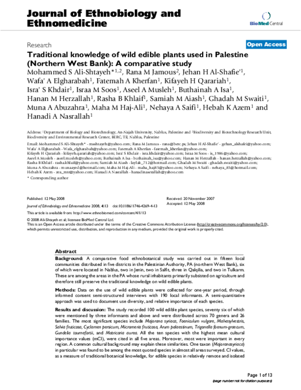 (PDF) Traditional knowledge of wild edible plants used in Palestine ...