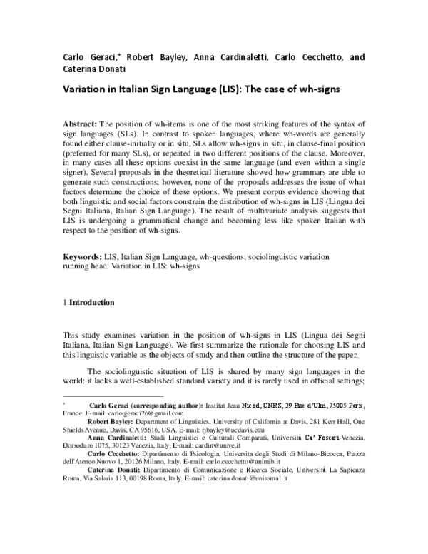 (PDF) Variation in Italian Sign Language (LIS): The case of wh-signs