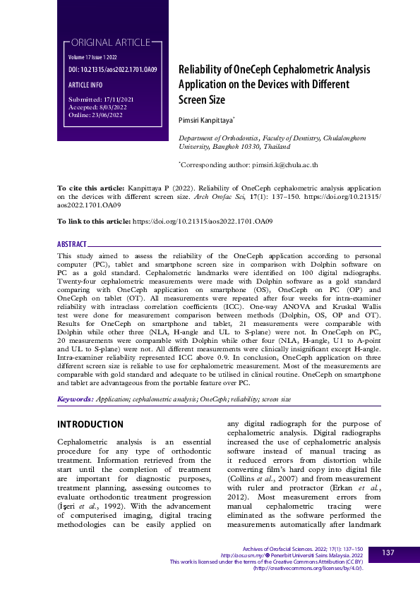 (PDF) Reliability of OneCeph Cephalometric Analysis Application on the ...