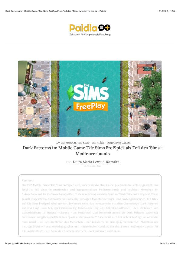 (PDF) Dark Patterns im Mobile Game 'Die Sims FreiSpiel' als Teil des ...