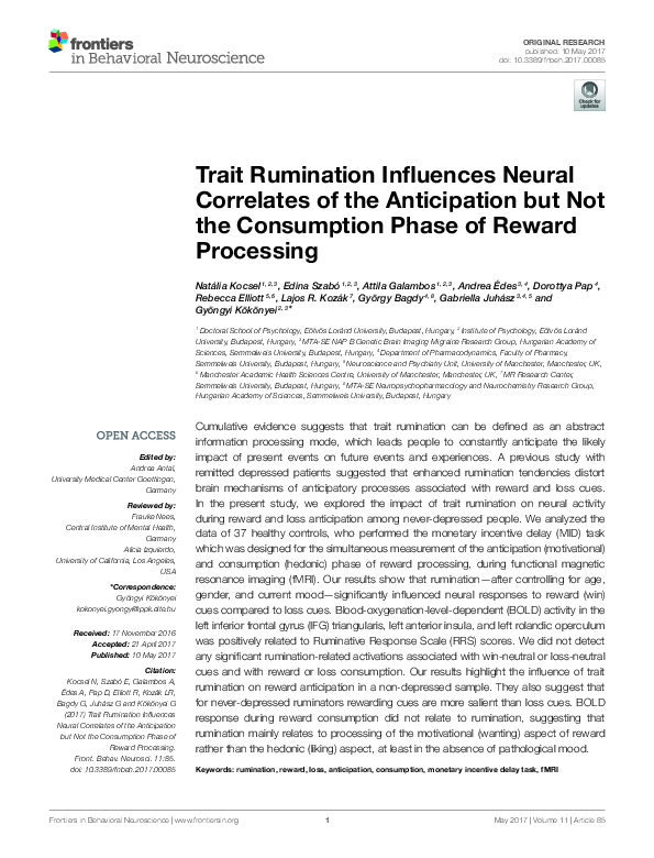 (PDF) Trait Rumination Influences Neural Correlates of the Anticipation ...