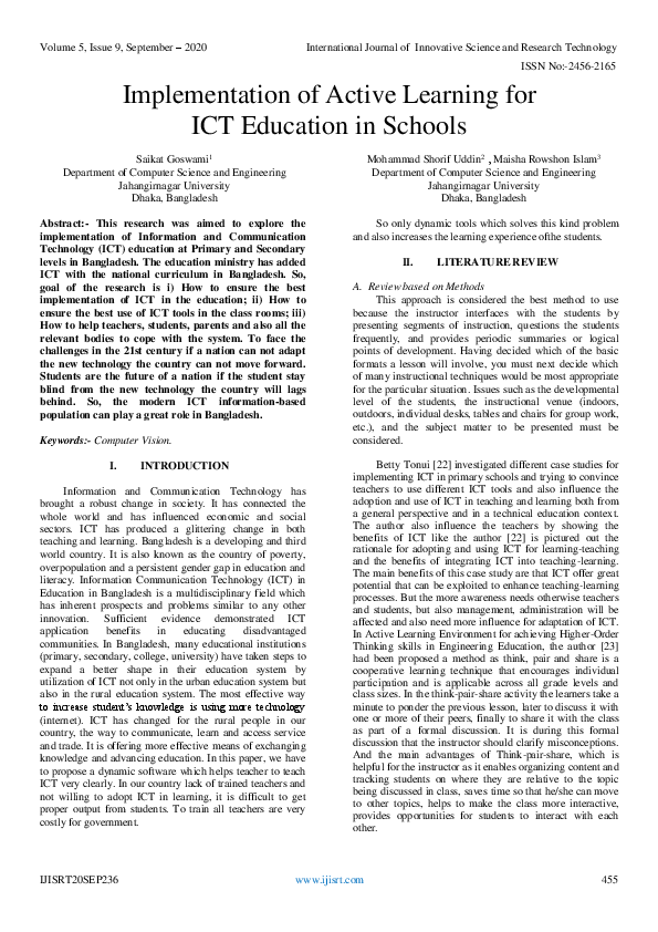 (PDF) Implementation of Active Learning for ICT Education in Schools
