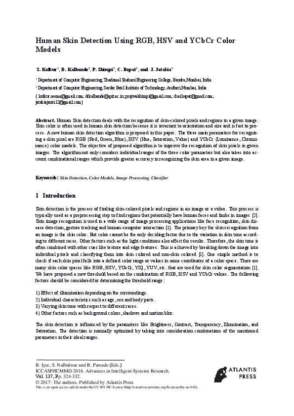 (PDF) Human Skin Detection Using RGB, HSV and YCbCr Color Models