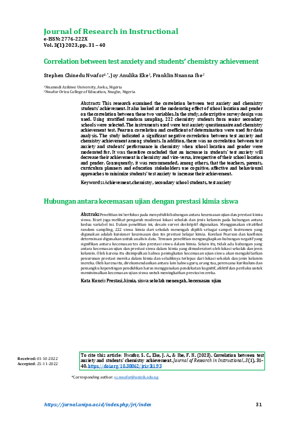(PDF) Correlation between test anxiety and students’ chemistry achievement