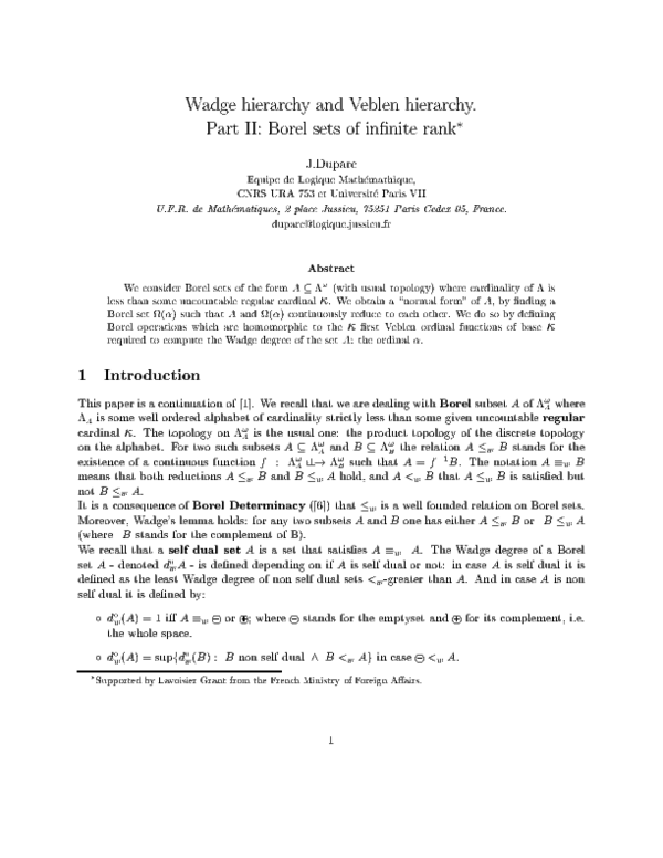 (PDF) Wadge hierarchy and Veblen hierarchy Part I: Borel sets of finite ...