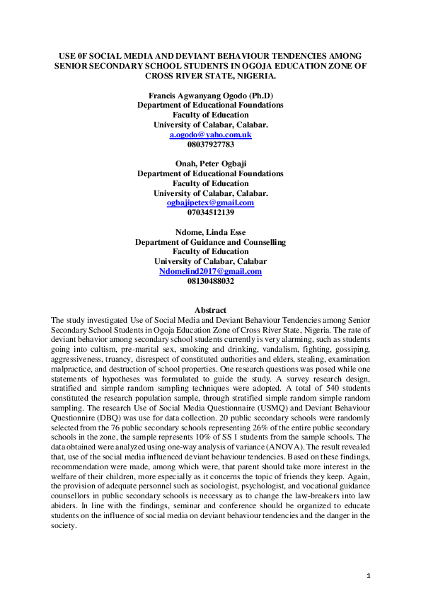 (PDF) USE 0F SOCIAL MEDIA AND DEVIANT BEHAVIOUR TENDENCIES AMONG SENIOR ...