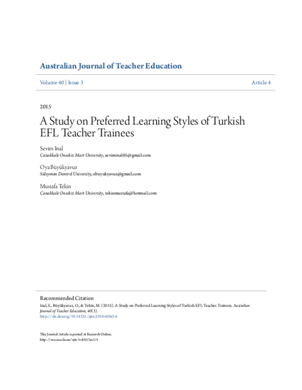 (PDF) A Study on Preferred Learning Styles of Turkish EFL Teacher Trainees