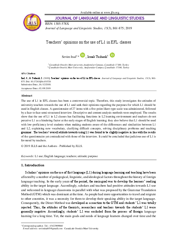 (PDF) Teachers ' opinions on the use of L1 in EFL classes