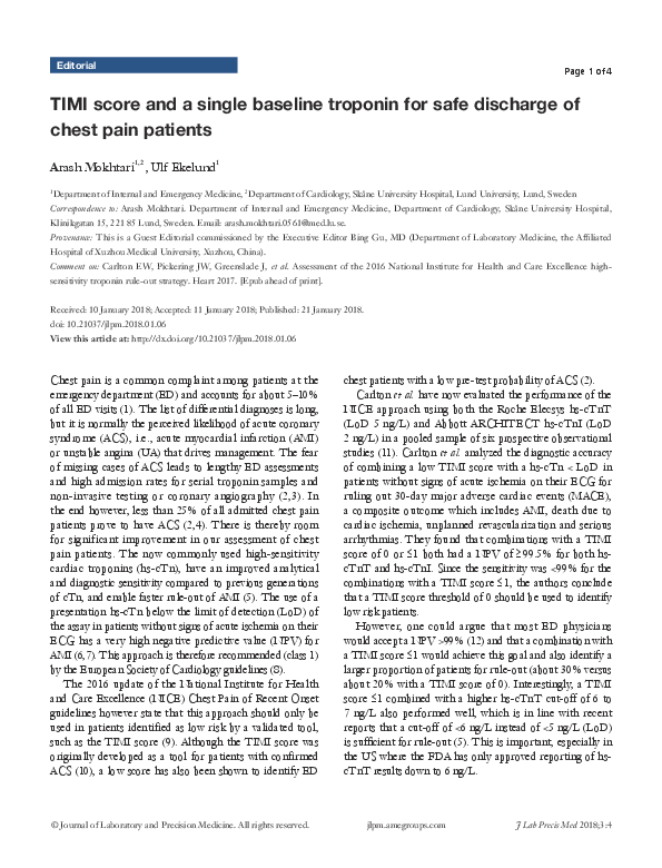 (PDF) TIMI score and a single baseline troponin for safe discharge of ...