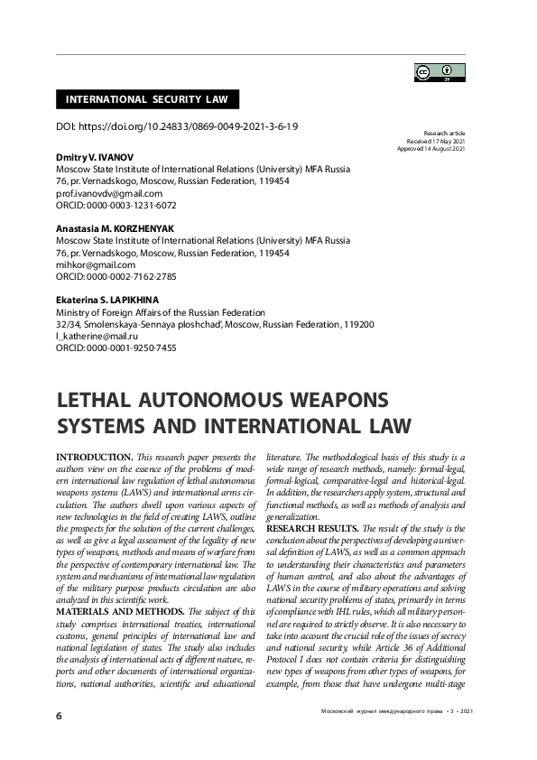 (PDF) Lethal Autonomous Weapons Systems and International Law