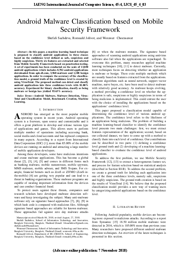 (PDF) Android Malware Classification based on Mobile Security Framework