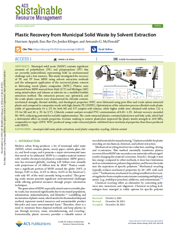 (PDF) Plastic Recovery from Municipal Solid Waste by Solvent Extraction