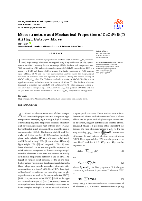 (PDF) Microstructure and Mechanical Properties of CoCrFeNi(Ti-Al) High ...
